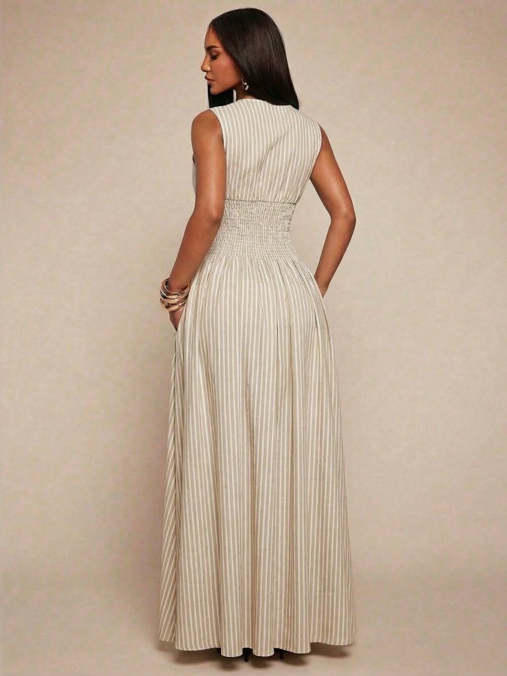 Casual Women's V-Neck Sleeveless Stripe Cinched Waist Long Dress - Picture 2 of 7